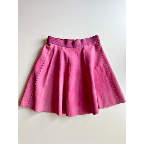 3.1 PHILLIP LIM Fuchsia Pink Sheep Skin Leather Suede Circle Mini Skirt, Size 4 - Picture 5 of 16